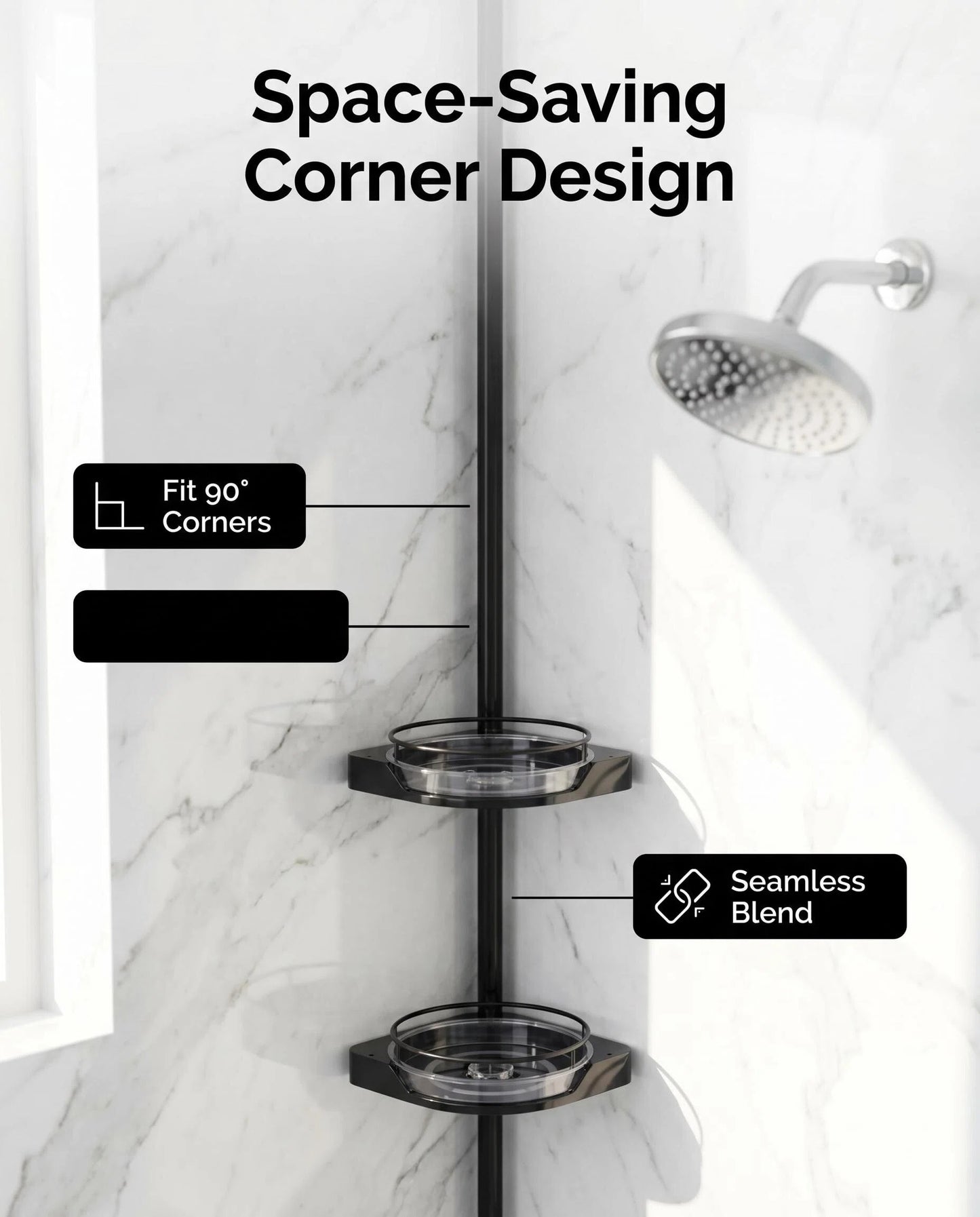 Adjustable 3-Tier Tension Pole Shower Caddy, 360° Rotating Corner Organizer, Fits Up to 10 ft Ceilings