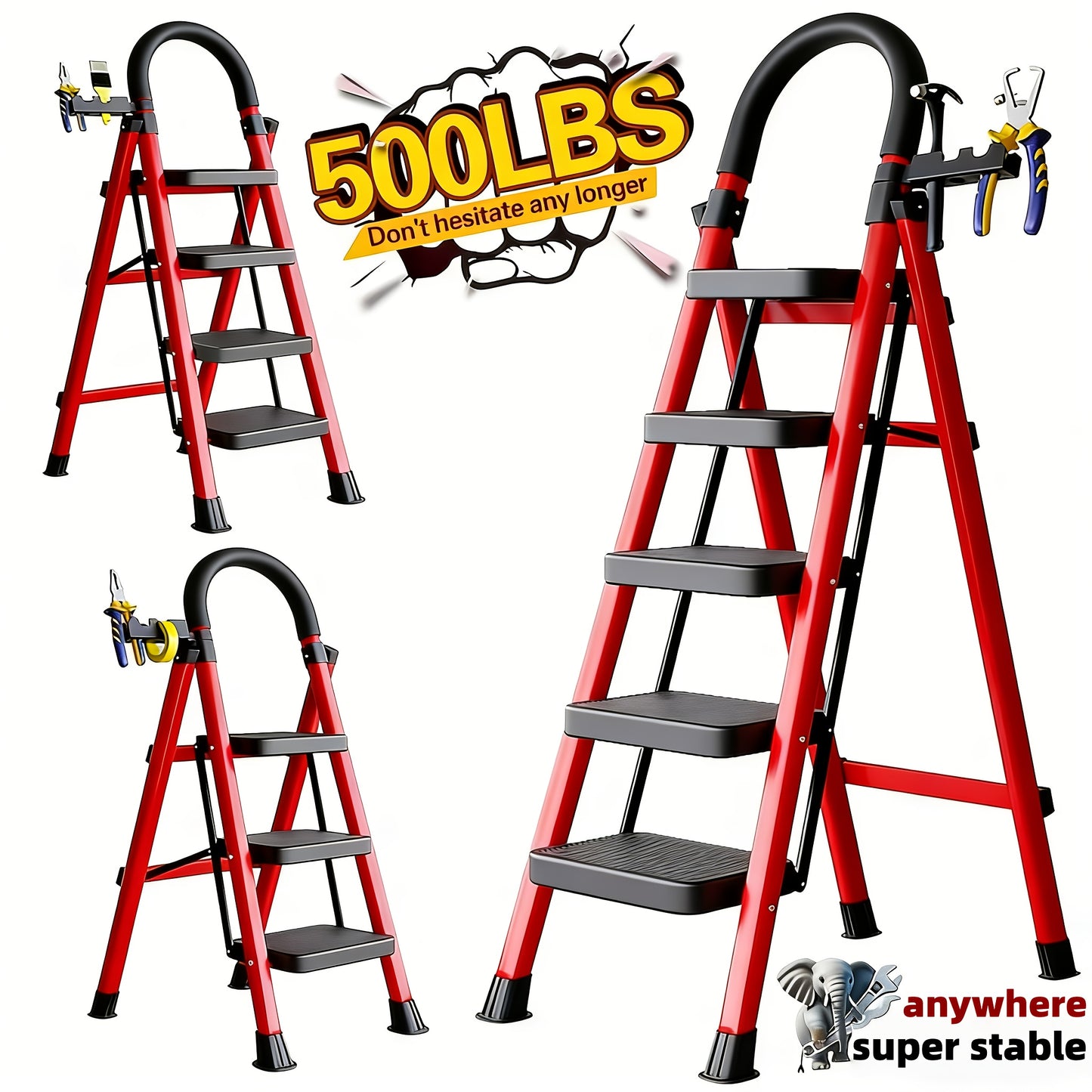 500LBS Heavy Duty Folding Steel Ladder, Anti-Slip Wide Steps with Handrail & Safety Lock for Home Kitchen