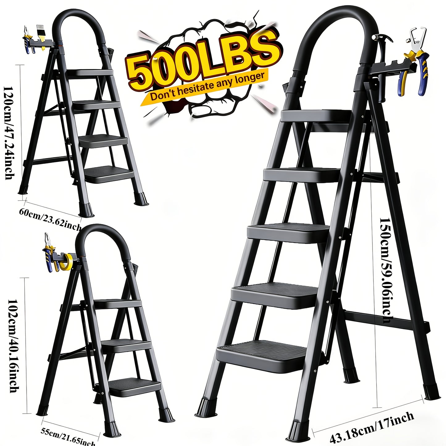 500LBS Heavy Duty Folding Steel Ladder, Anti-Slip Wide Steps with Handrail & Safety Lock for Home Kitchen