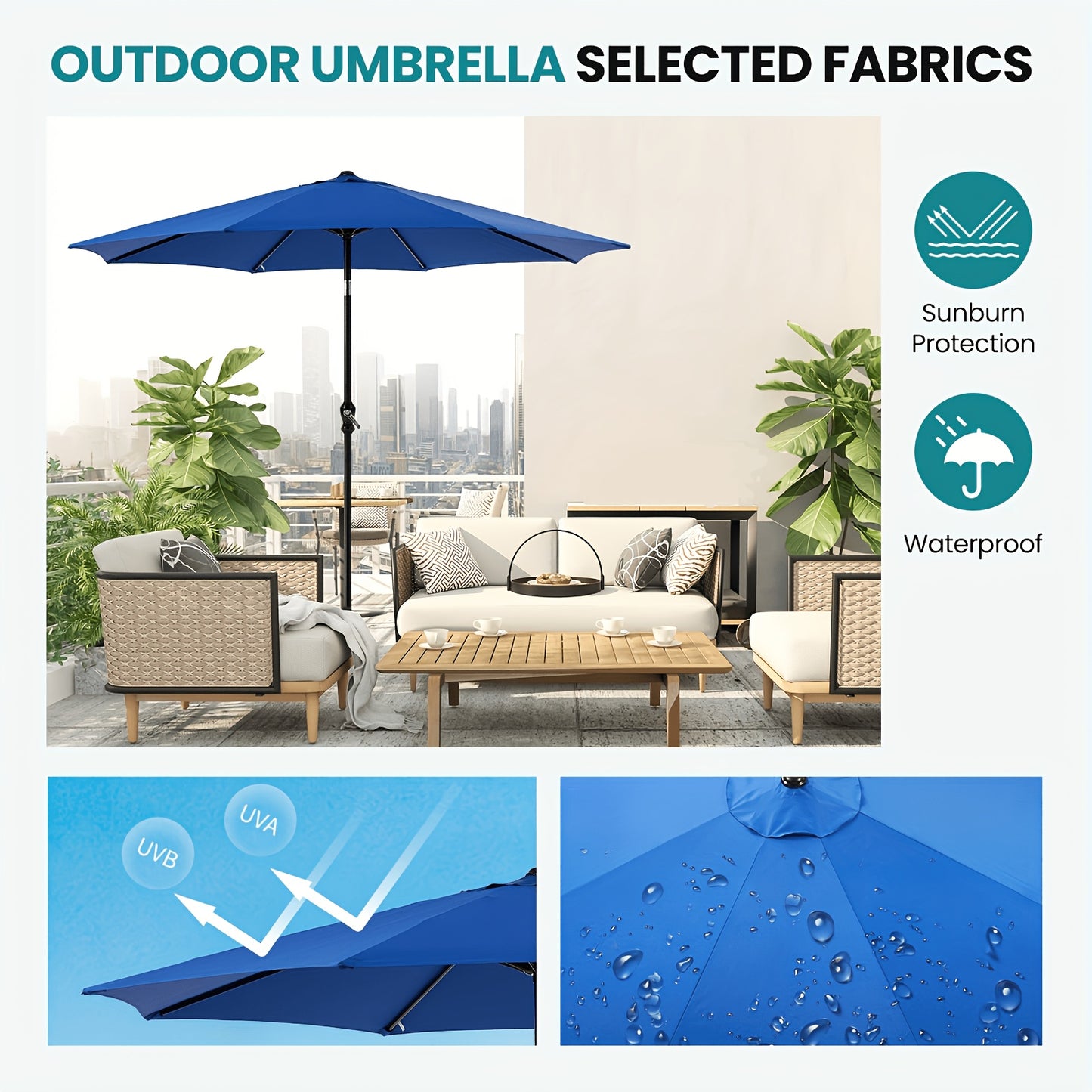 9FT 8-Rib Patio Umbrella, Crank & Tilt Stable Outdoor Sun Shade for Patio Beach Restaurant