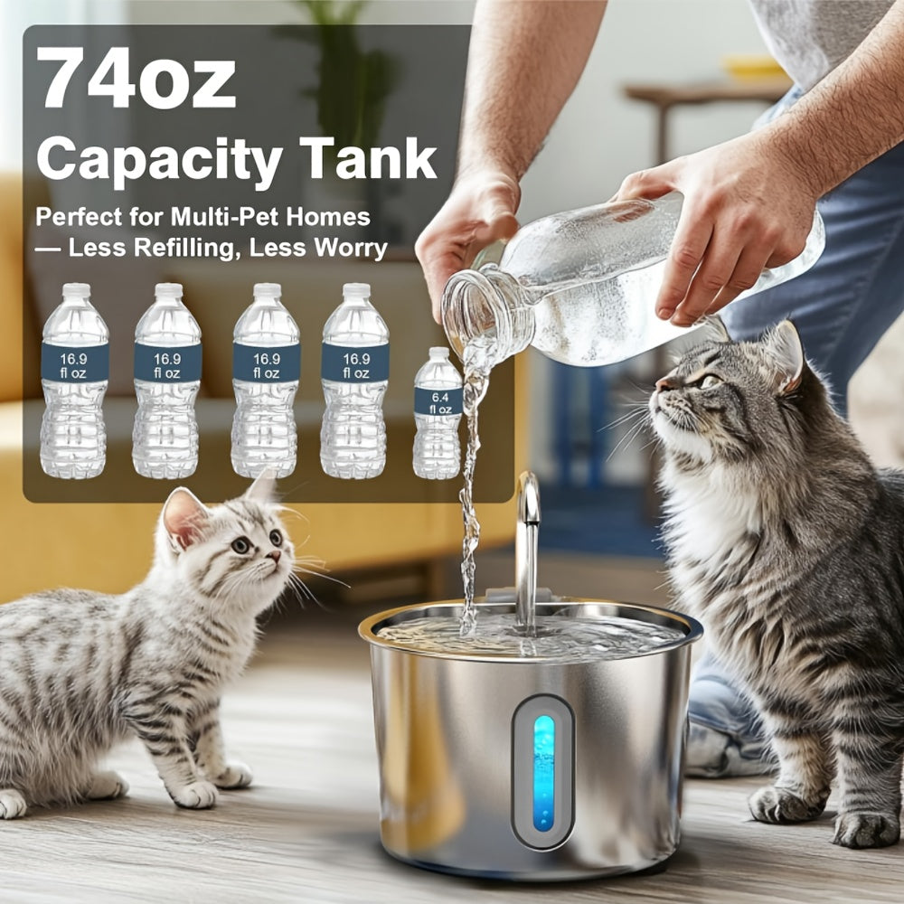 74oz Stainless Steel Cat Water Fountain, Ultra Quiet USB Powered Pet Drinking Fountain with Visible Water Level Window