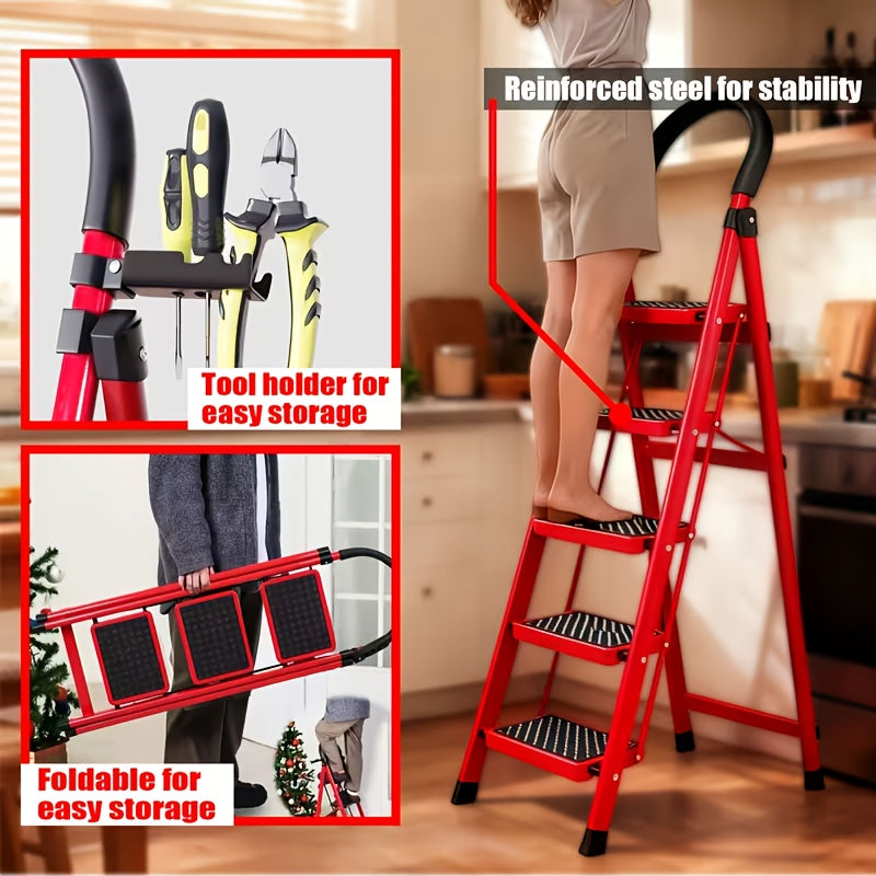500LBS Heavy Duty Folding Steel Ladder, Anti-Slip Wide Steps with Handrail & Safety Lock for Home Kitchen