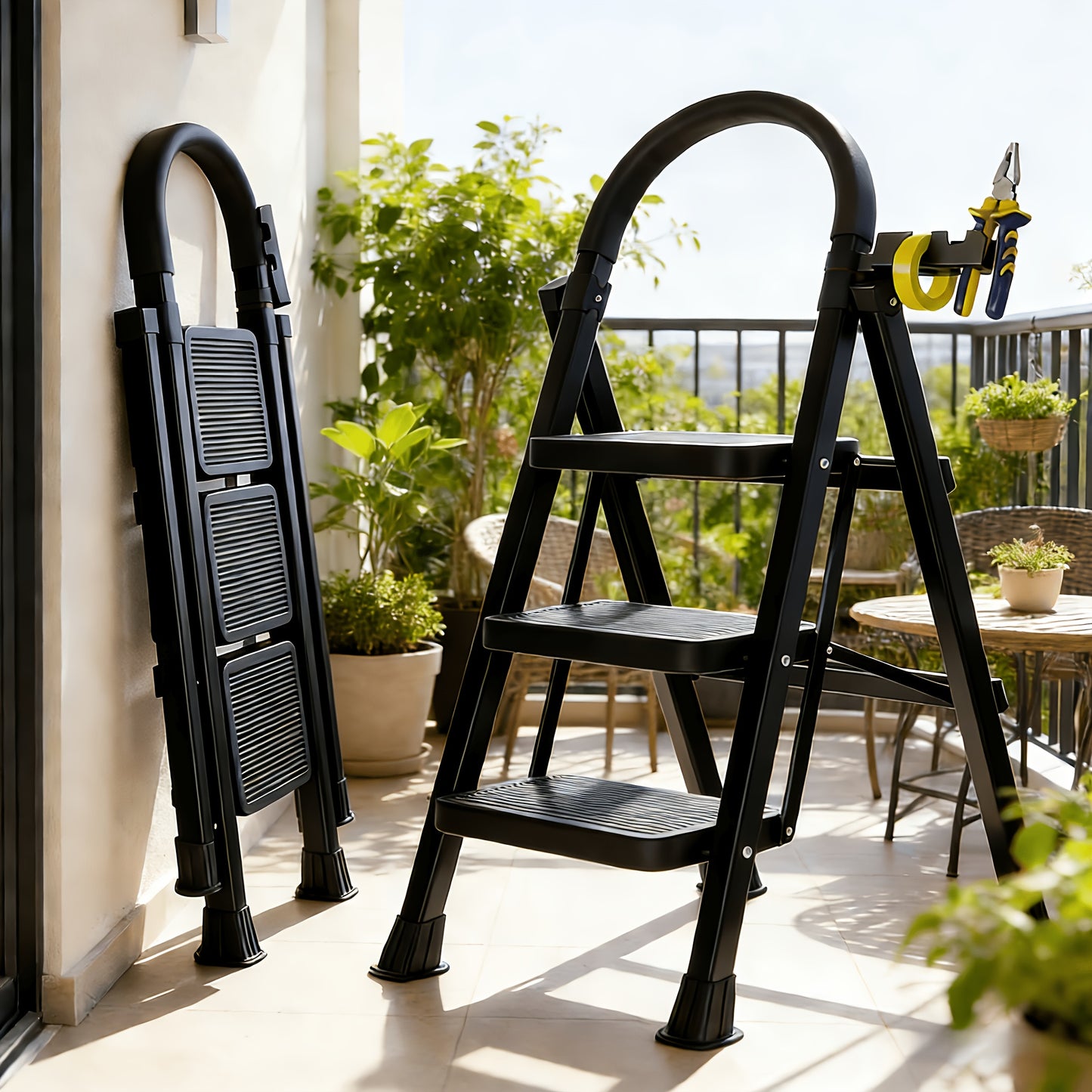 500LBS Heavy Duty Folding Steel Ladder, Anti-Slip Wide Steps with Handrail & Safety Lock for Home Kitchen