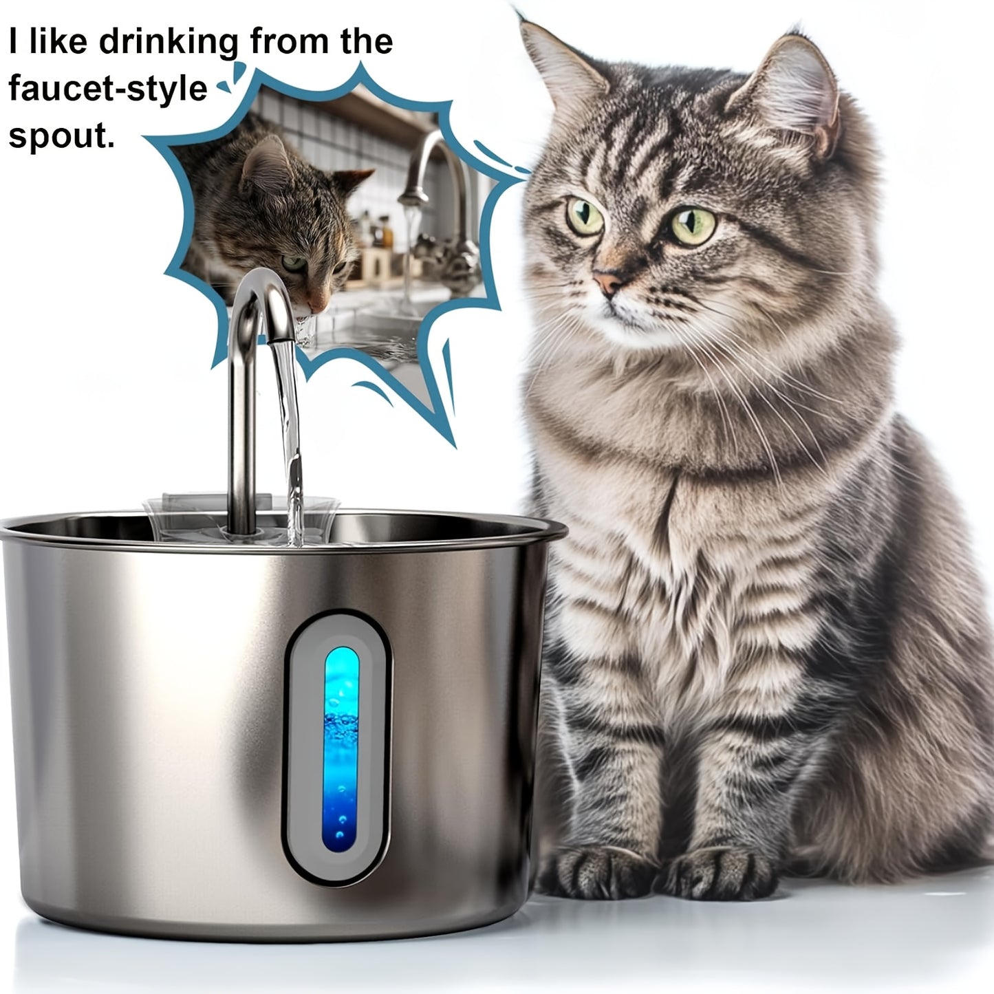 74oz Stainless Steel Cat Water Fountain, Ultra Quiet USB Powered Pet Drinking Fountain with Visible Water Level Window