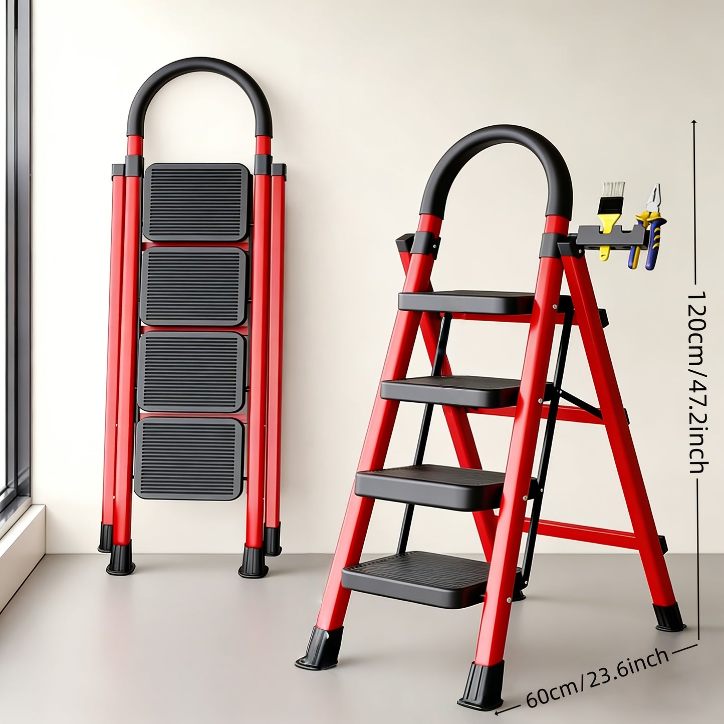 500LBS Heavy Duty Folding Steel Ladder, Anti-Slip Wide Steps with Handrail & Safety Lock for Home Kitchen
