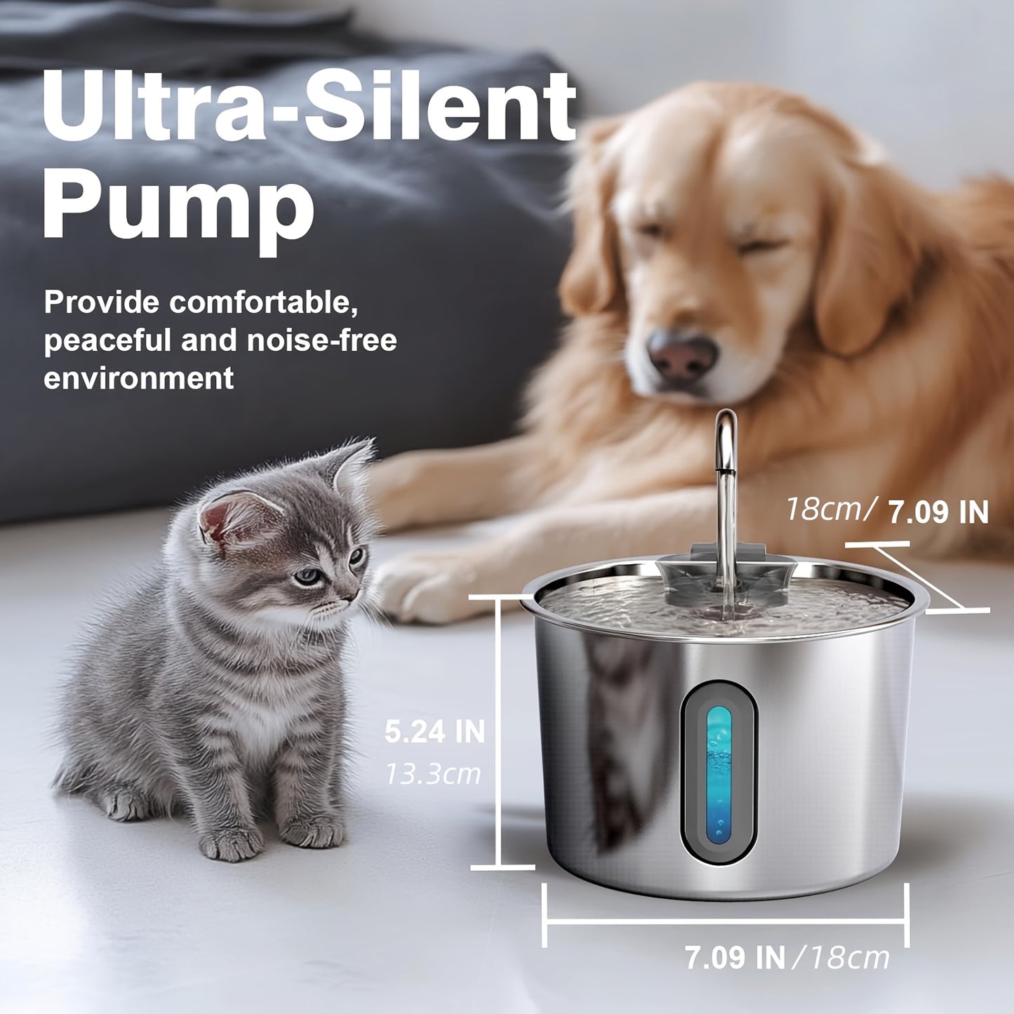 74oz Stainless Steel Cat Water Fountain, Ultra Quiet USB Powered Pet Drinking Fountain with Visible Water Level Window
