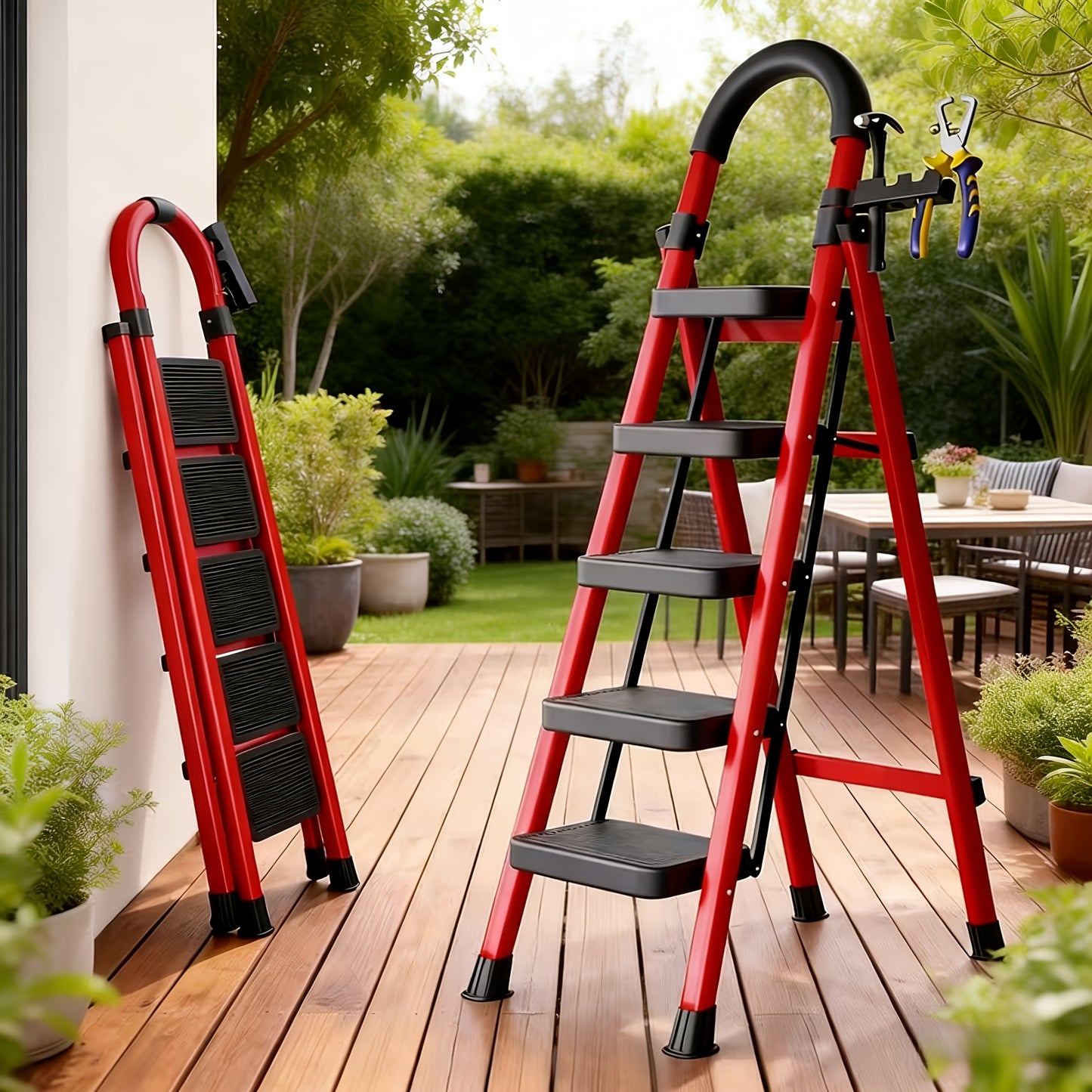 500LBS Heavy Duty Folding Steel Ladder, Anti-Slip Wide Steps with Handrail & Safety Lock for Home Kitchen