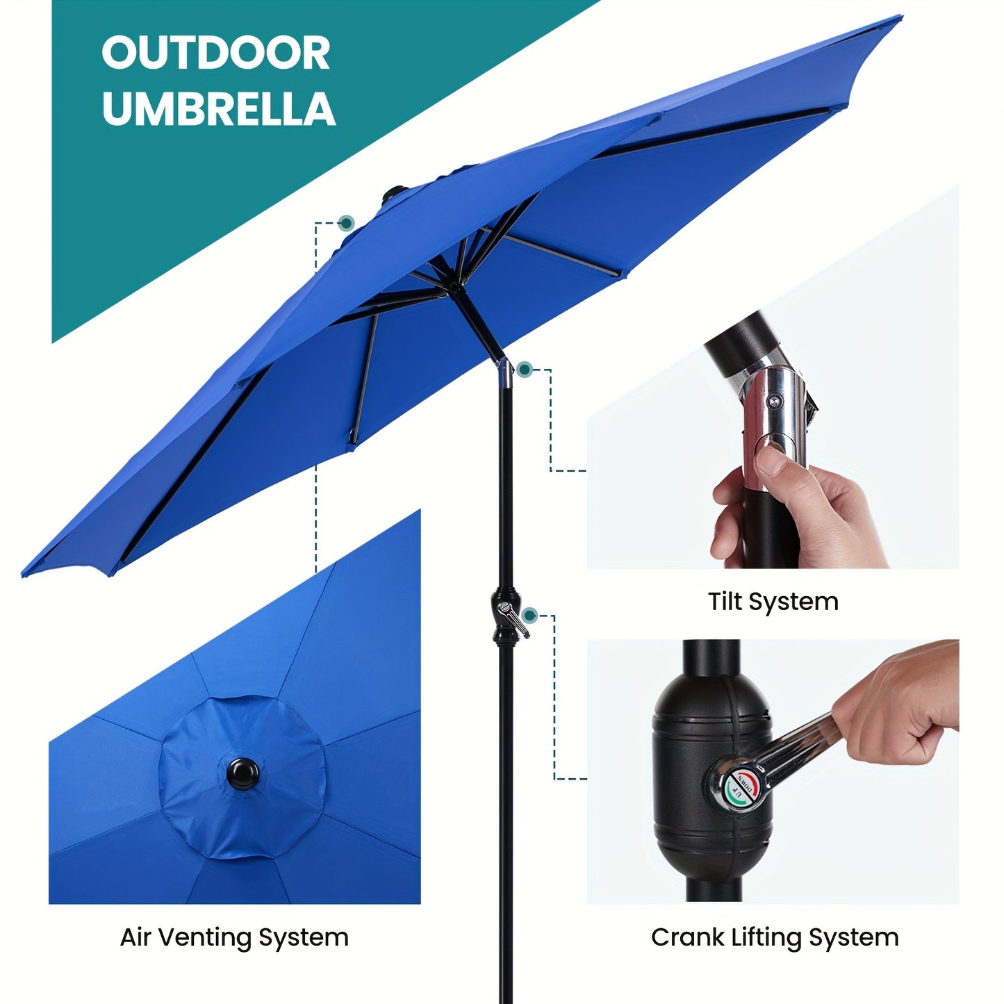 9FT 8-Rib Patio Umbrella, Crank & Tilt Stable Outdoor Sun Shade for Patio Beach Restaurant