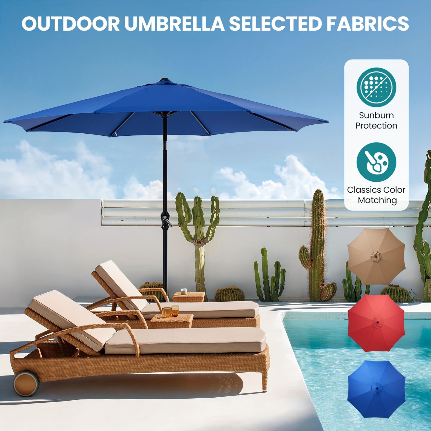 9FT 8-Rib Patio Umbrella, Crank & Tilt Stable Outdoor Sun Shade for Patio Beach Restaurant