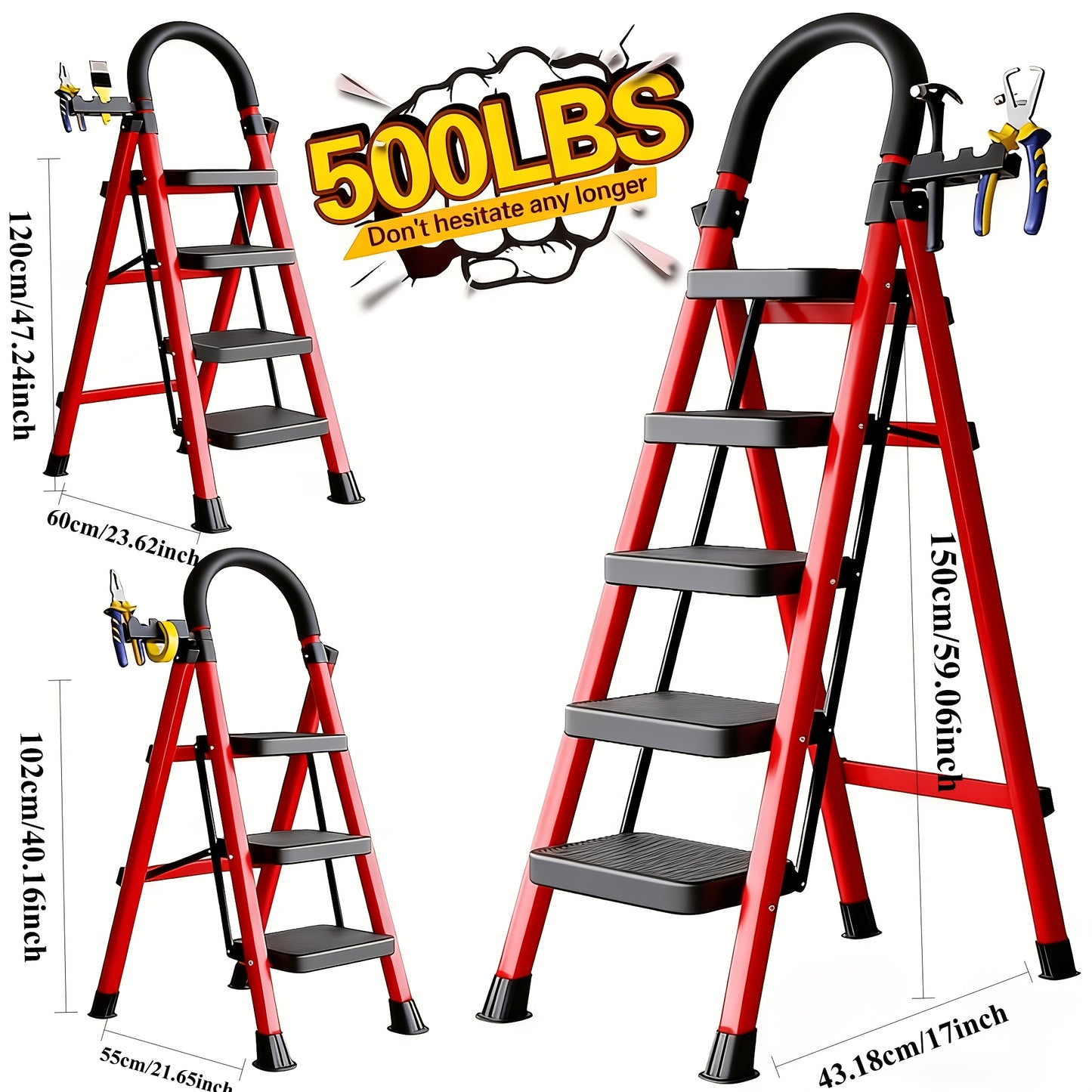 500LBS Heavy Duty Folding Steel Ladder, Anti-Slip Wide Steps with Handrail & Safety Lock for Home Kitchen