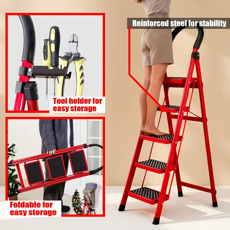 500LBS Heavy Duty Folding Steel Ladder, Anti-Slip Wide Steps with Handrail & Safety Lock for Home Kitchen