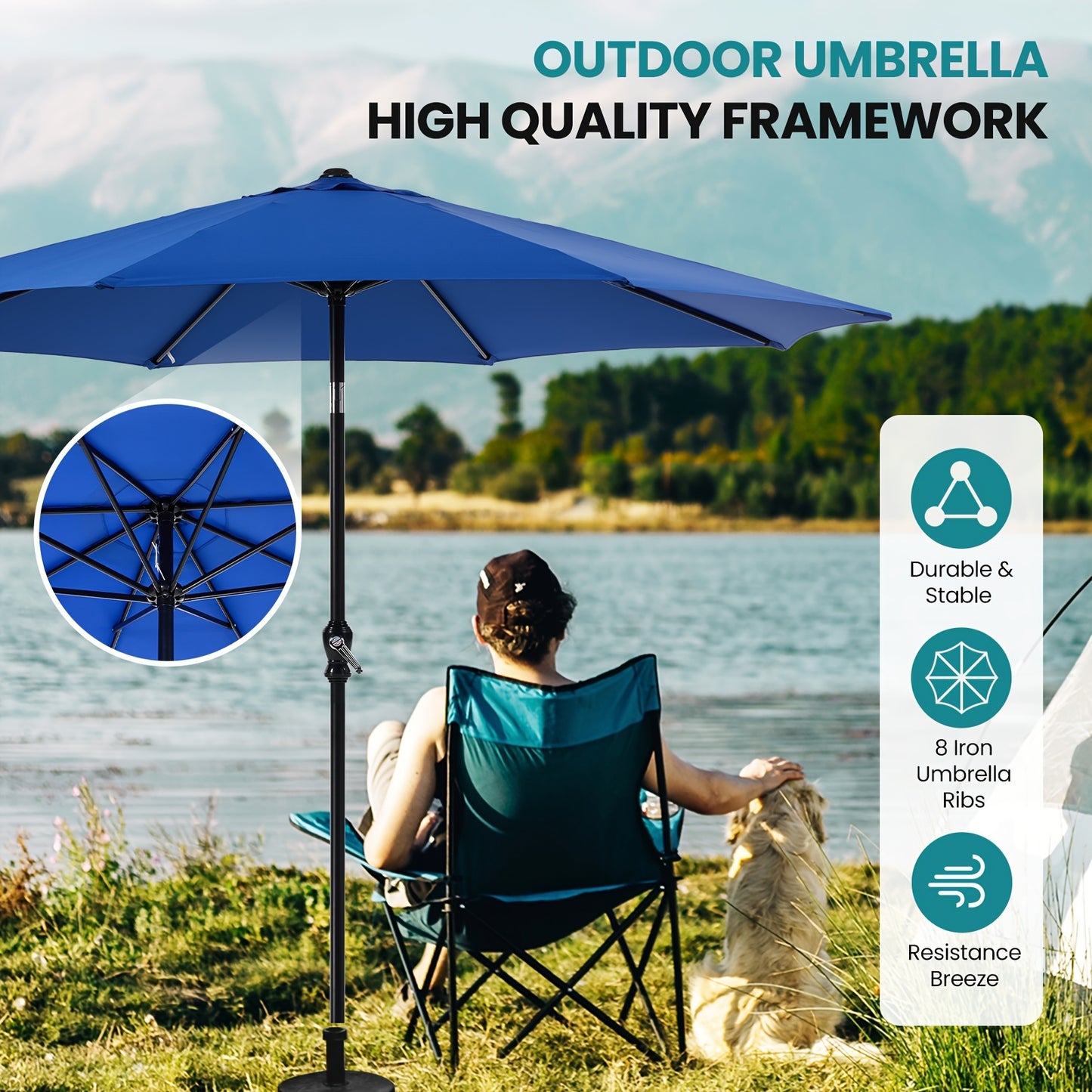 9FT 8-Rib Patio Umbrella, Crank & Tilt Stable Outdoor Sun Shade for Patio Beach Restaurant