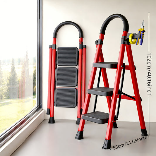 500LBS Heavy Duty Folding Steel Ladder, Anti-Slip Wide Steps with Handrail & Safety Lock for Home Kitchen
