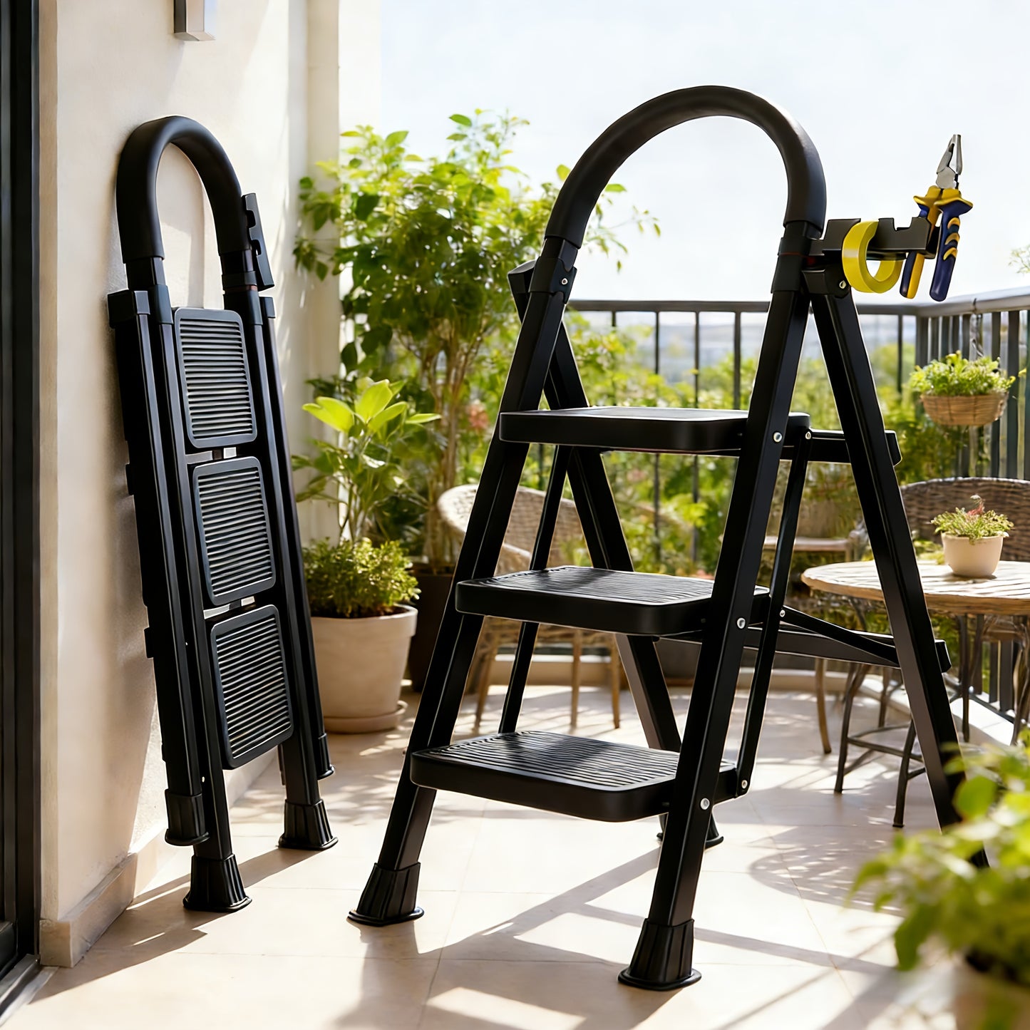 500LBS Heavy Duty Folding Steel Ladder, Anti-Slip Wide Steps with Handrail & Safety Lock for Home Kitchen