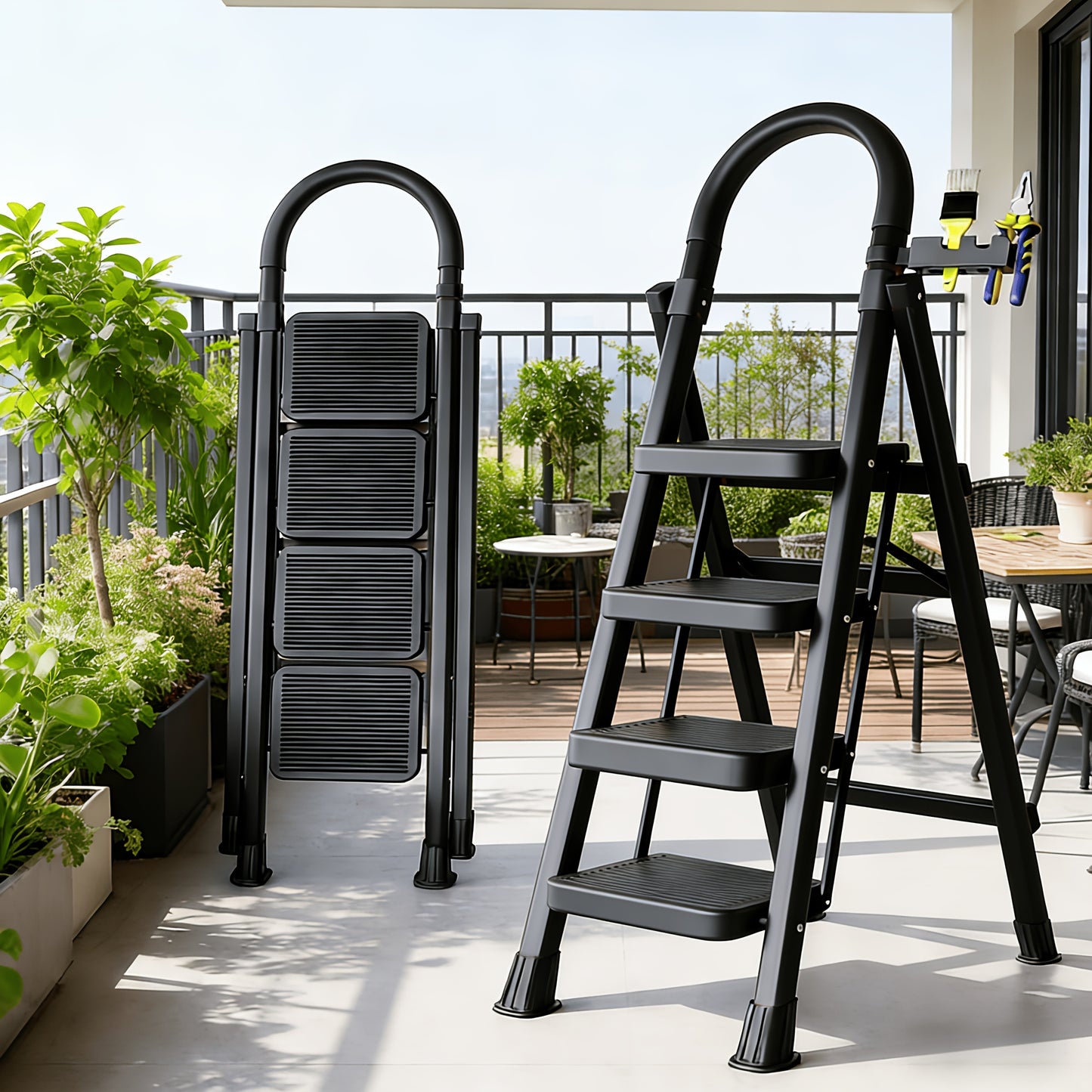500LBS Heavy Duty Folding Steel Ladder, Anti-Slip Wide Steps with Handrail & Safety Lock for Home Kitchen