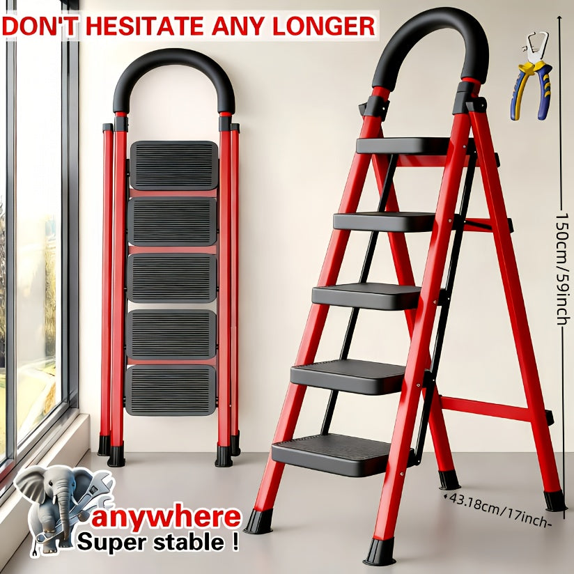 500LBS Heavy Duty Folding Steel Ladder, Anti-Slip Wide Steps with Handrail & Safety Lock for Home Kitchen