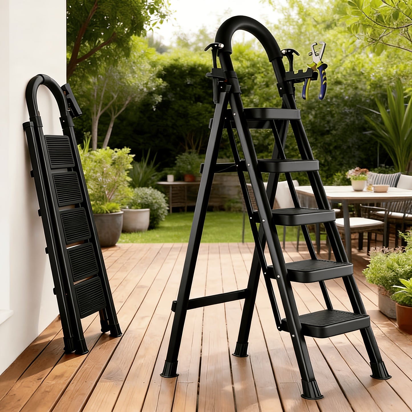 500LBS Heavy Duty Folding Steel Ladder, Anti-Slip Wide Steps with Handrail & Safety Lock for Home Kitchen