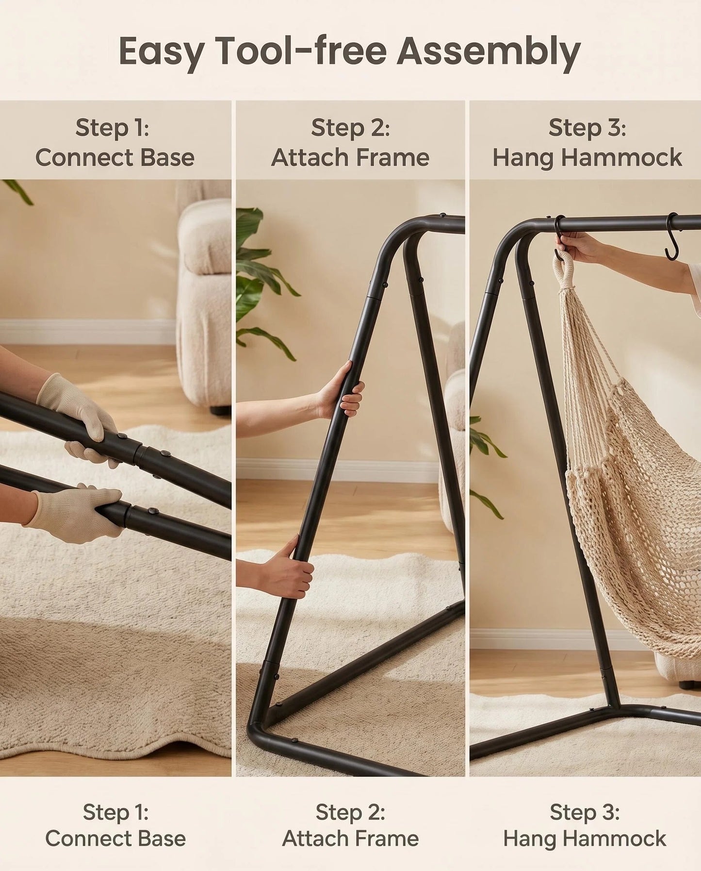 Macrame Hanging Hammock Chair with Heavy Duty Metal Stand, Handwoven Rope Swing Hammock Seat with Cushion for Indoor Bedroom Outdoor Patio Garden Relaxation