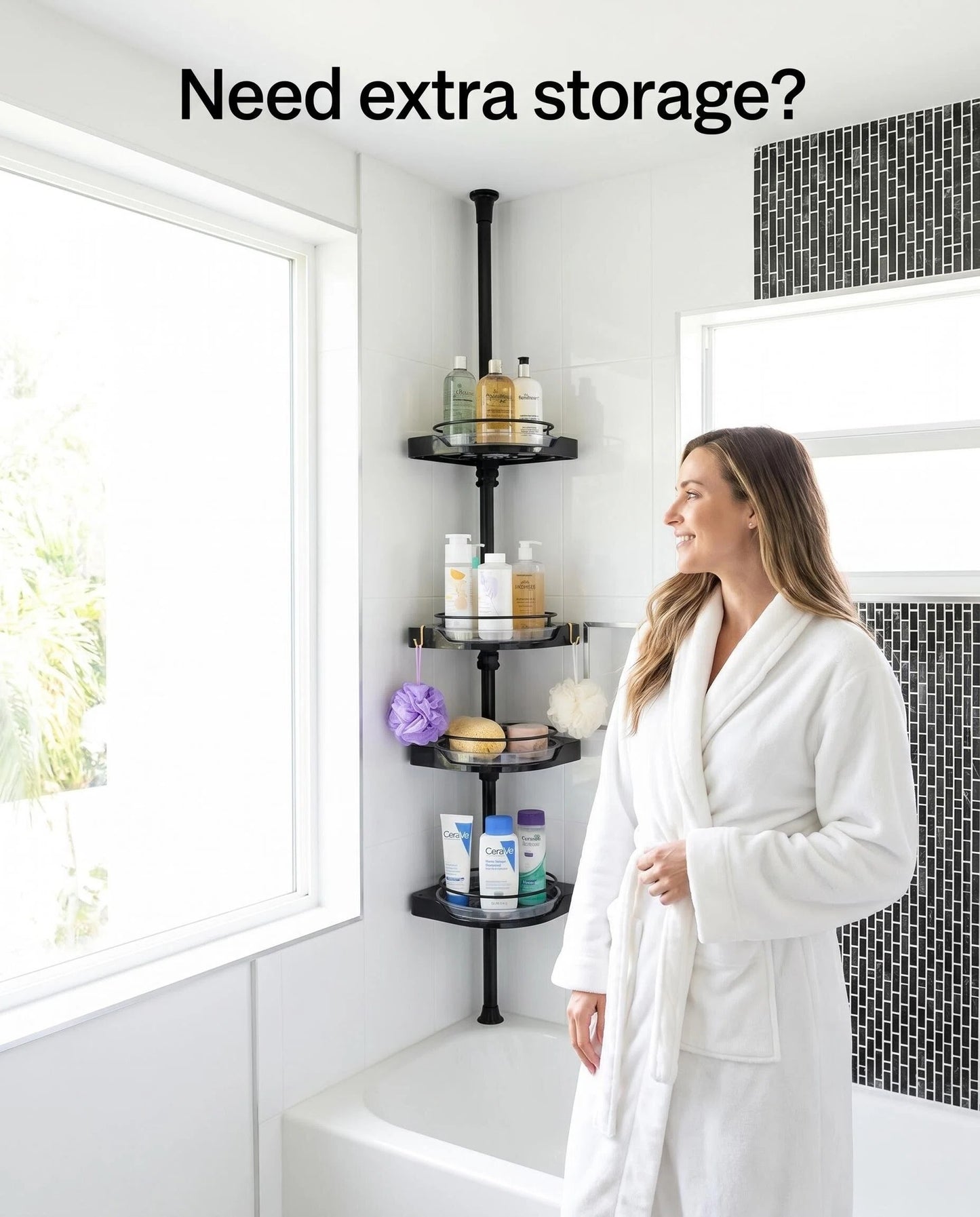 Adjustable 3-Tier Tension Pole Shower Caddy, 360° Rotating Corner Organizer, Fits Up to 10 ft Ceilings