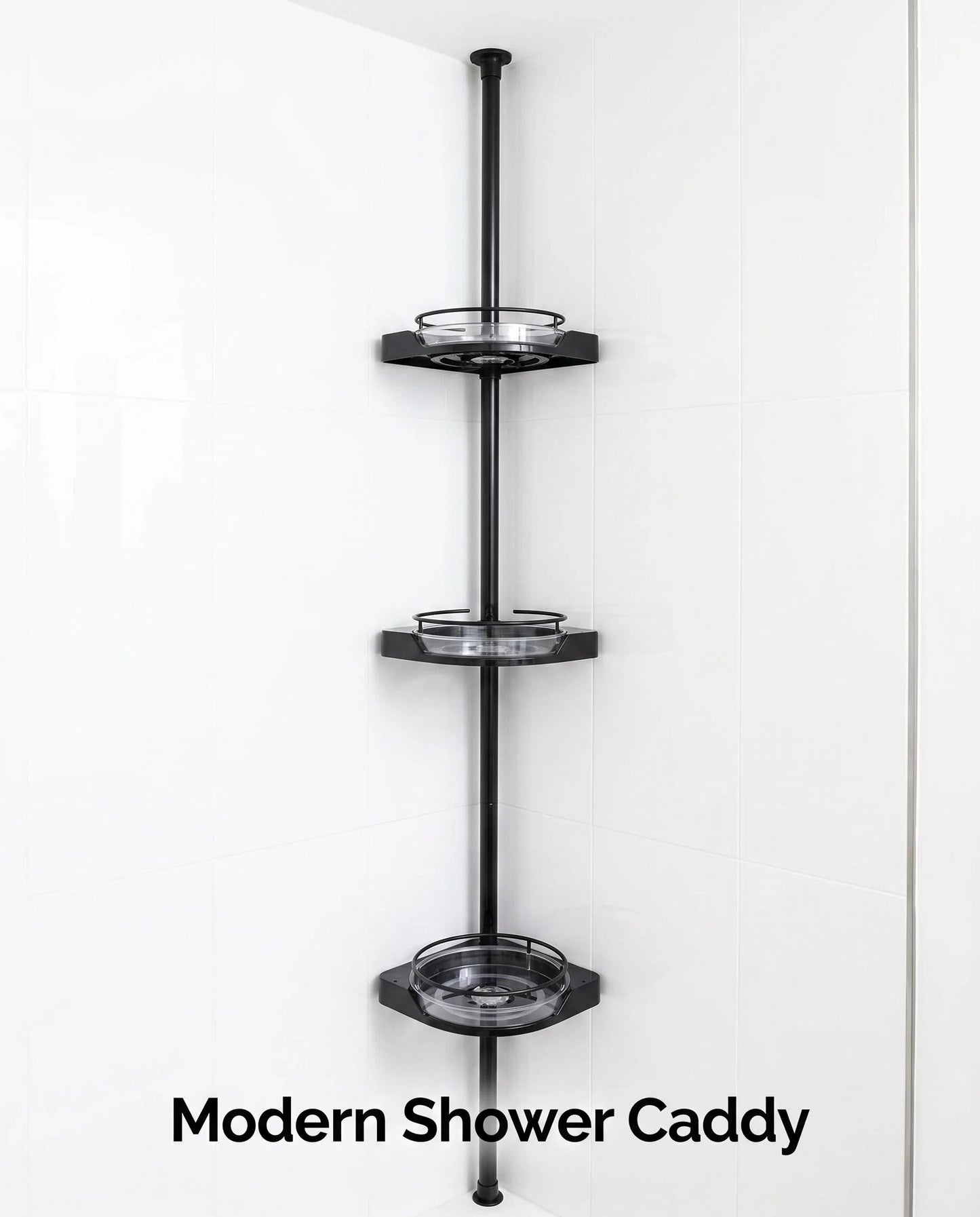 Adjustable 3-Tier Tension Pole Shower Caddy, 360° Rotating Corner Organizer, Fits Up to 10 ft Ceilings