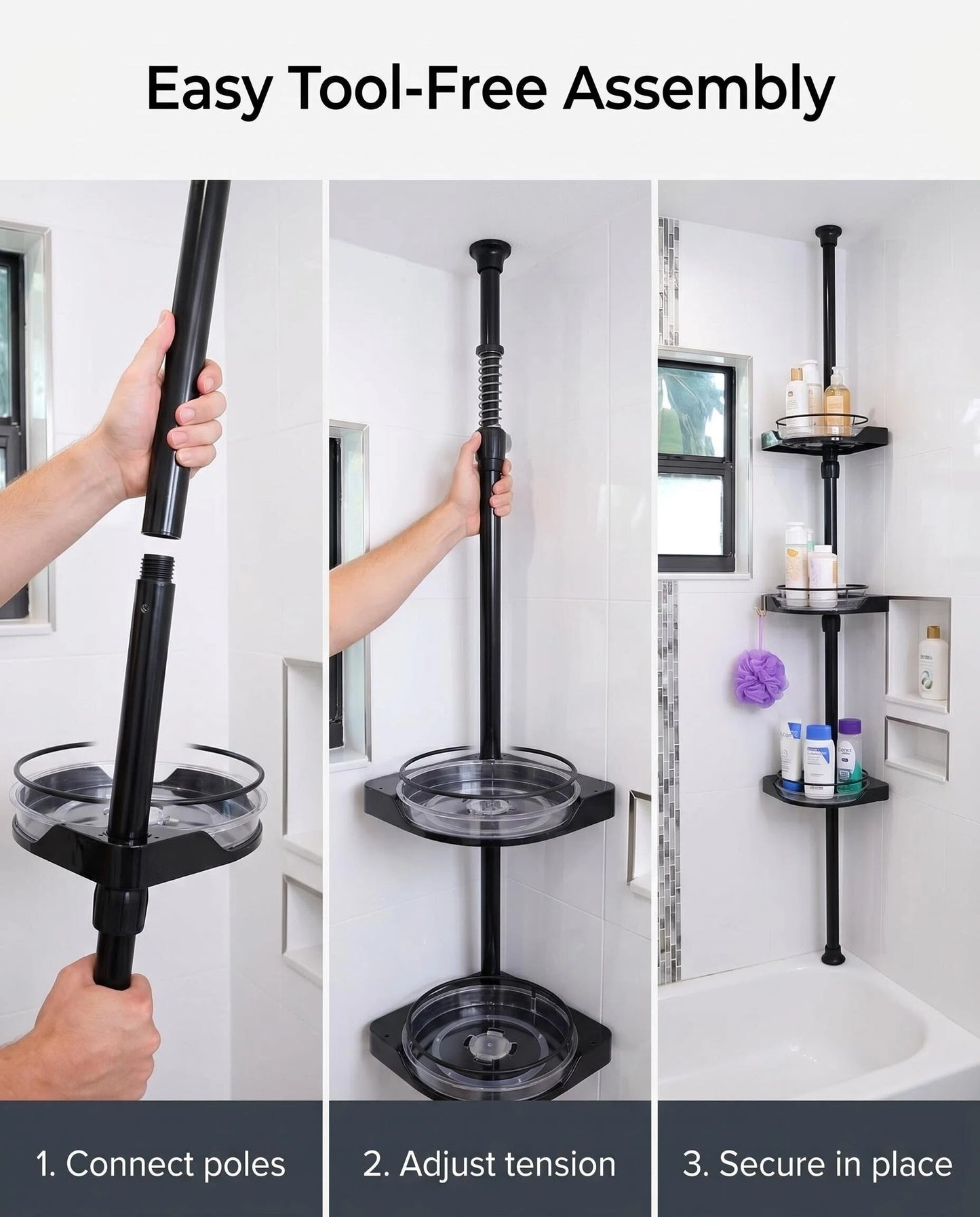 Adjustable 3-Tier Tension Pole Shower Caddy, 360° Rotating Corner Organizer, Fits Up to 10 ft Ceilings