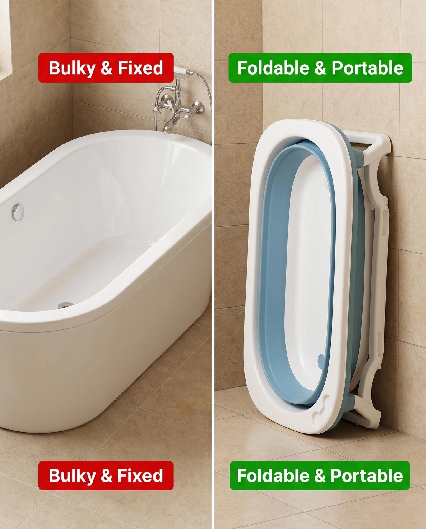Foldable Collapsible Baby Bathtub with Support Stand, Portable Kids Bath Tub