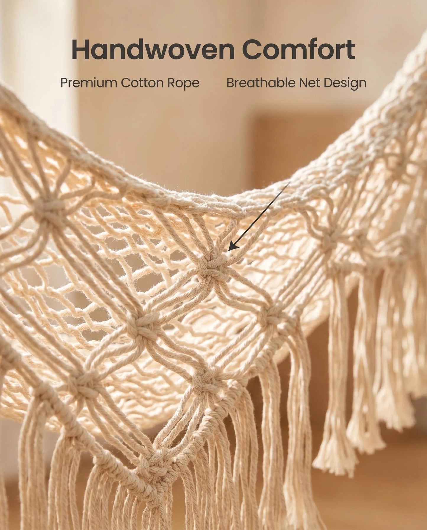 Macrame Hanging Hammock Chair with Heavy Duty Metal Stand, Handwoven Rope Swing Hammock Seat with Cushion for Indoor Bedroom Outdoor Patio Garden Relaxation
