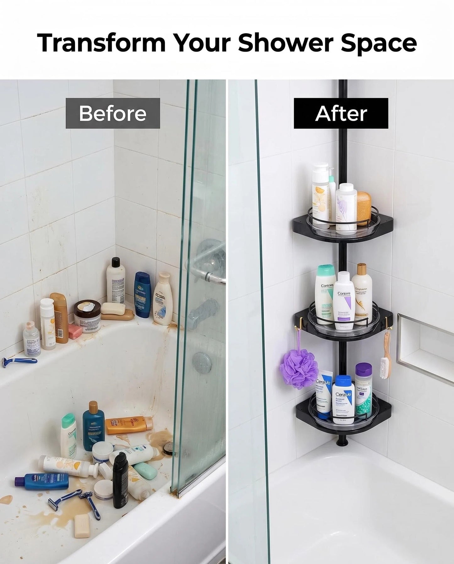 Adjustable 3-Tier Tension Pole Shower Caddy, 360° Rotating Corner Organizer, Fits Up to 10 ft Ceilings