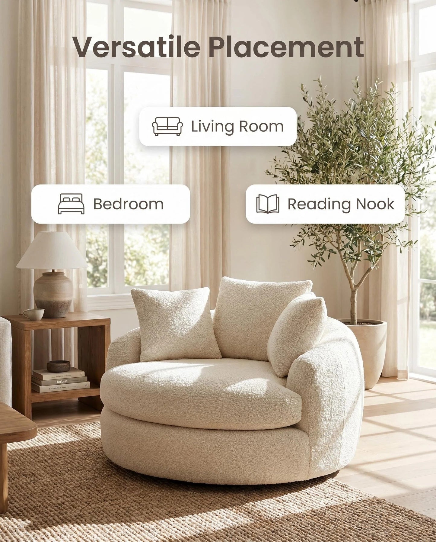 Oversized Boucle Swivel Accent Chair, Cozy Round Cuddle Chair with Plush Cushion for Living Room & Bedroom