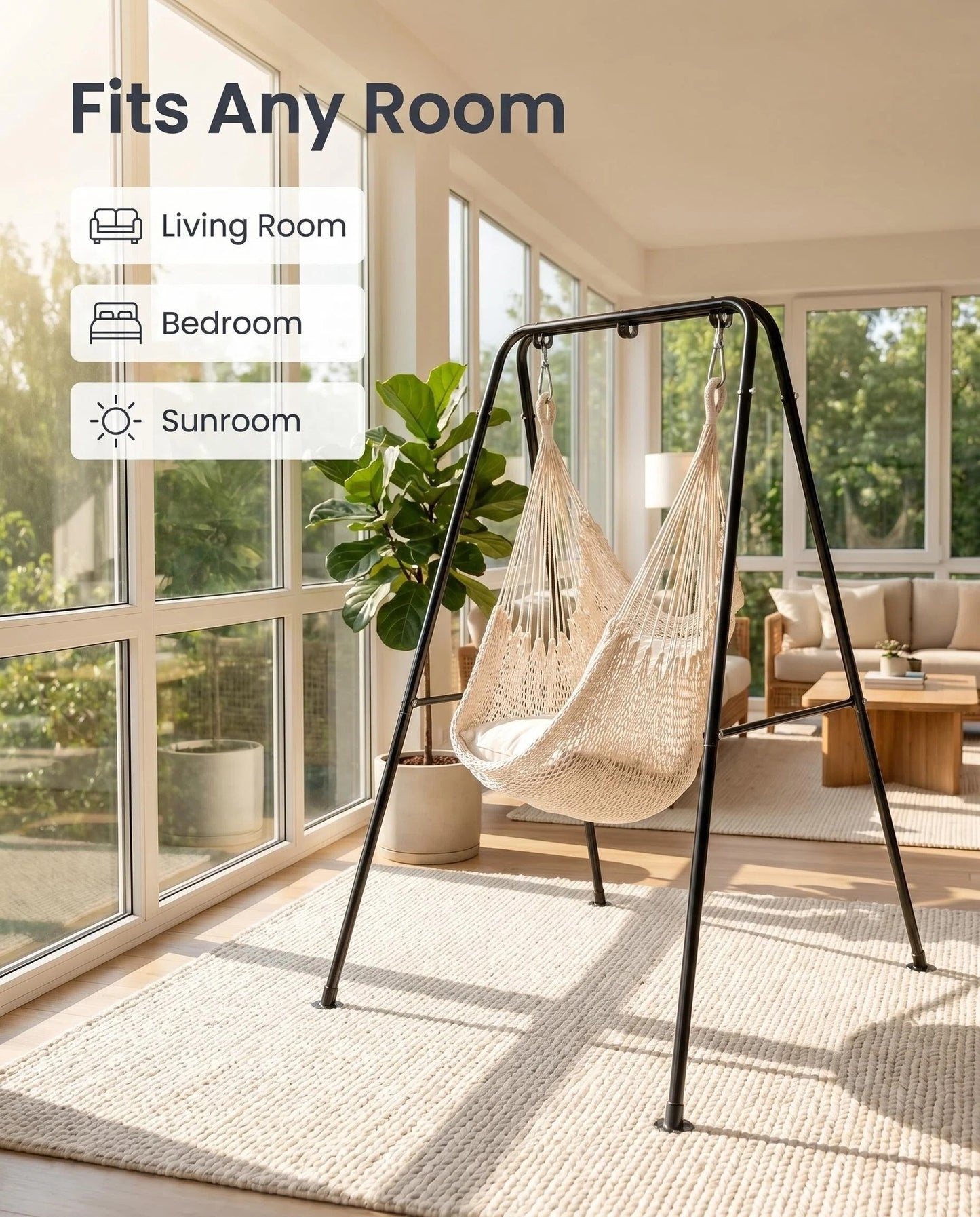 Macrame Hanging Hammock Chair with Heavy Duty Metal Stand, Handwoven Rope Swing Hammock Seat with Cushion for Indoor Bedroom Outdoor Patio Garden Relaxation