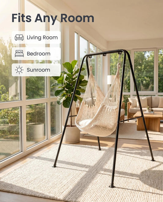 Macrame Hanging Hammock Chair with Heavy Duty Metal Stand, Handwoven Rope Swing Hammock Seat with Cushion for Indoor Bedroom Outdoor Patio Garden Relaxation