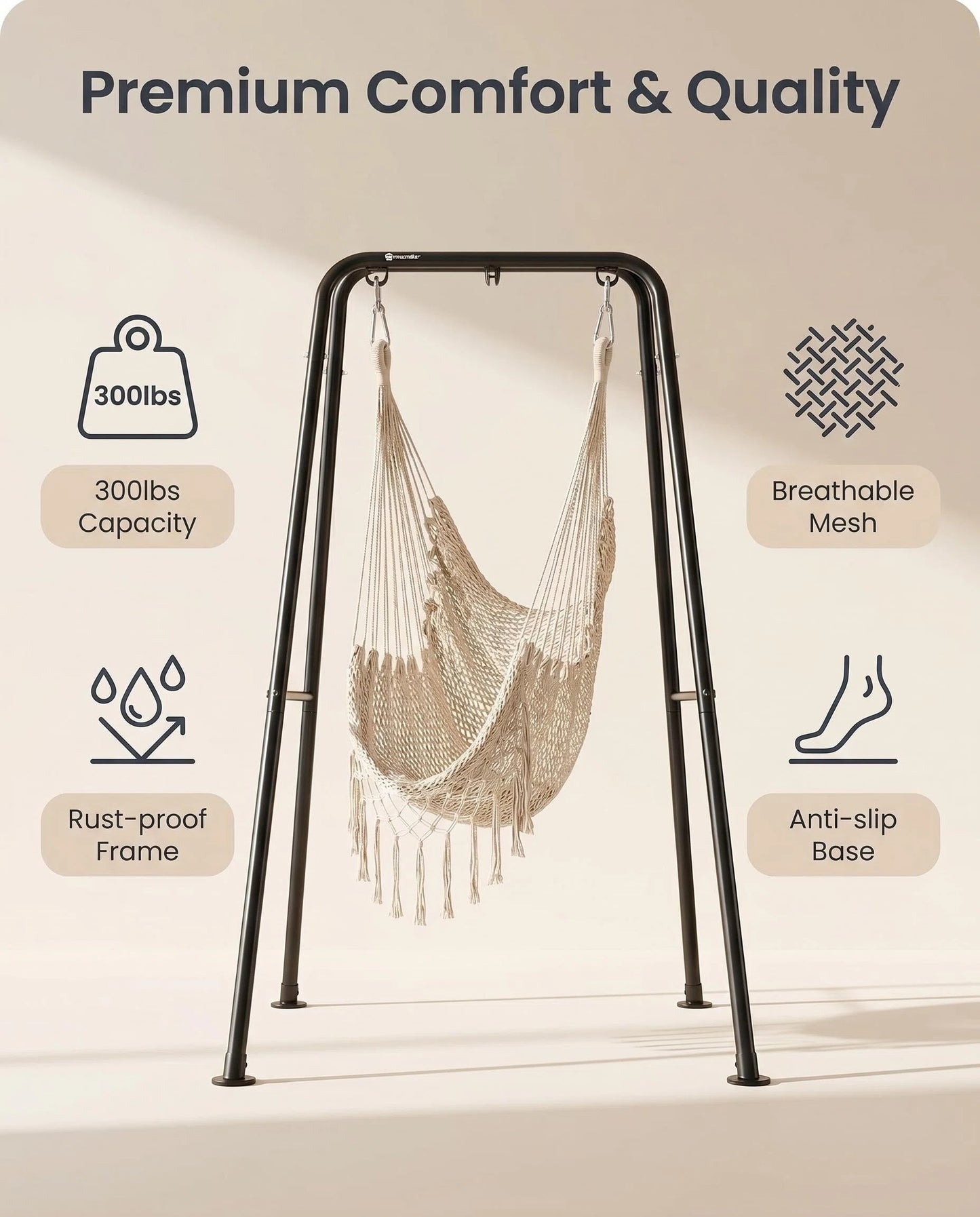 Macrame Hanging Hammock Chair with Heavy Duty Metal Stand, Handwoven Rope Swing Hammock Seat with Cushion for Indoor Bedroom Outdoor Patio Garden Relaxation