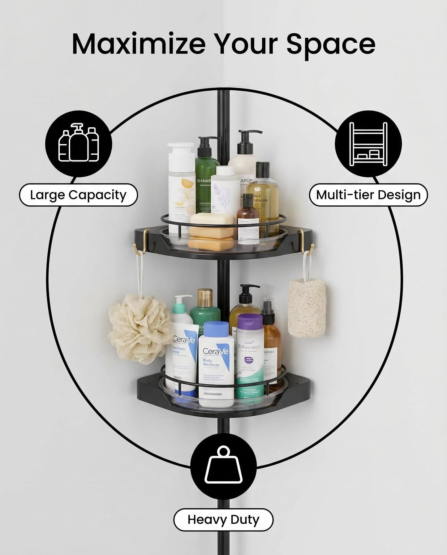 Adjustable 3-Tier Tension Pole Shower Caddy, 360° Rotating Corner Organizer, Fits Up to 10 ft Ceilings