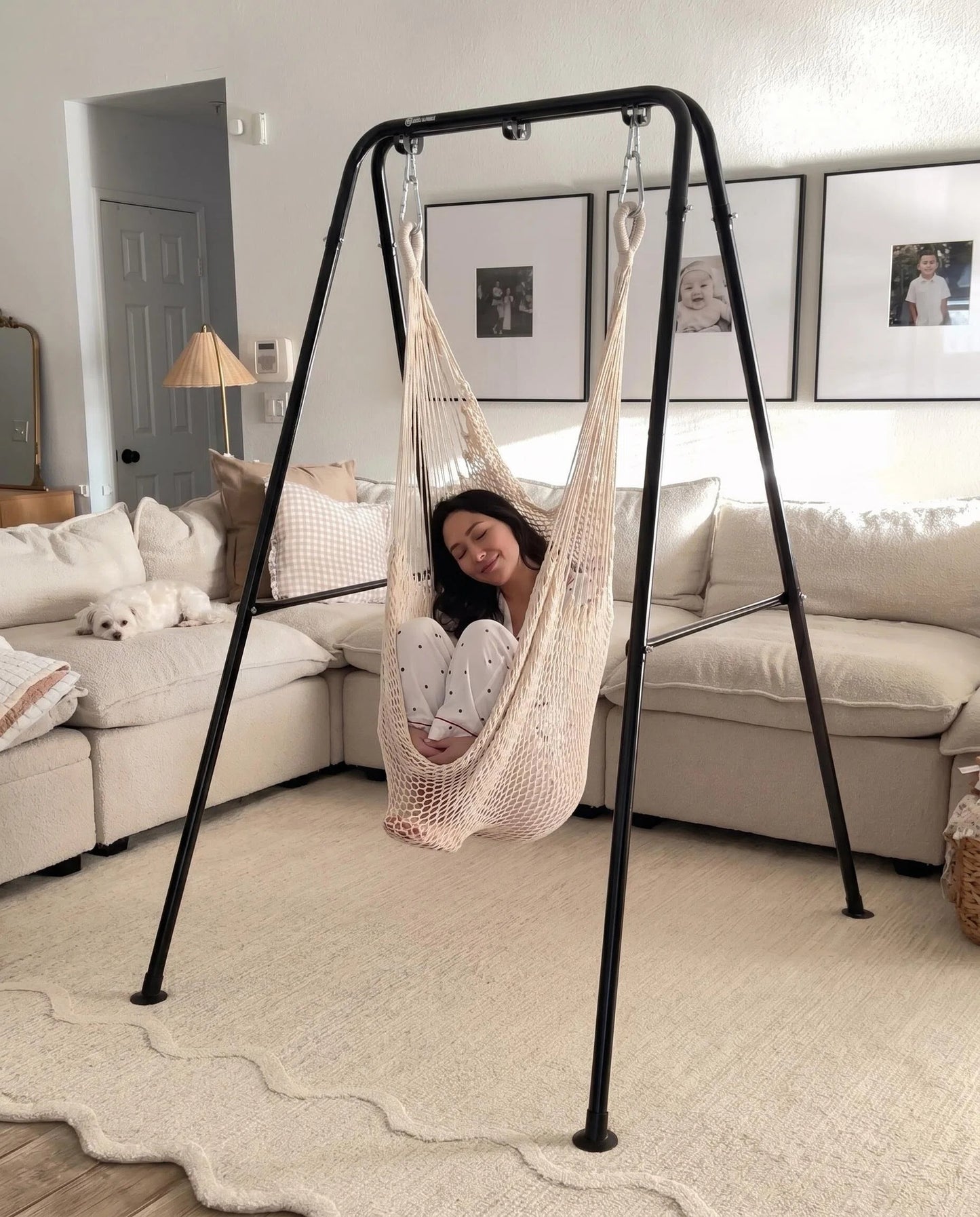 Macrame Hanging Hammock Chair with Heavy Duty Metal Stand, Handwoven Rope Swing Hammock Seat with Cushion for Indoor Bedroom Outdoor Patio Garden Relaxation