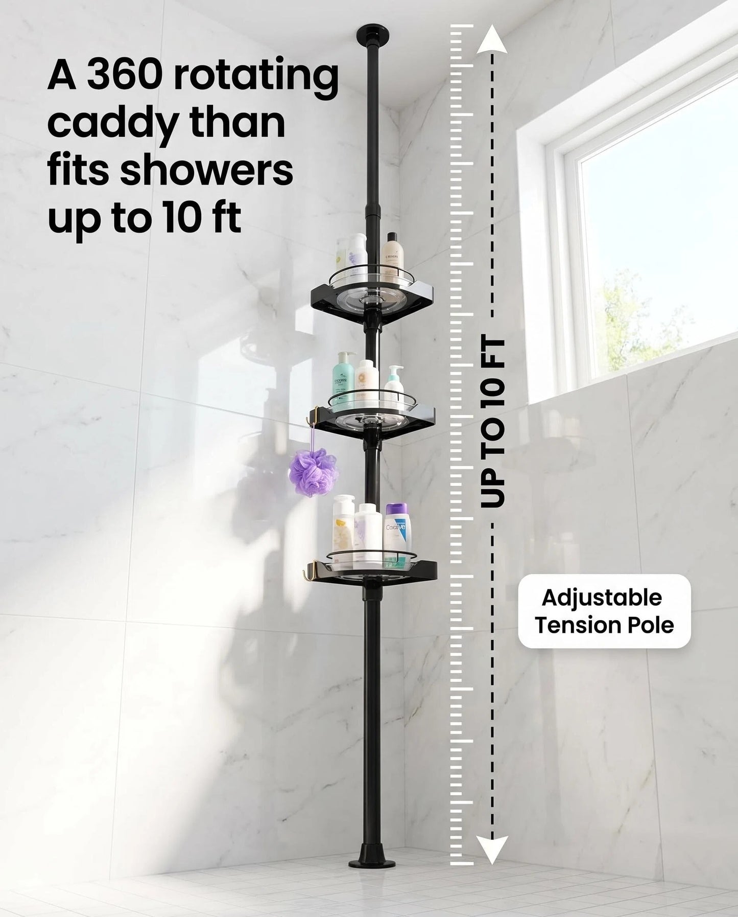 Adjustable 3-Tier Tension Pole Shower Caddy, 360° Rotating Corner Organizer, Fits Up to 10 ft Ceilings