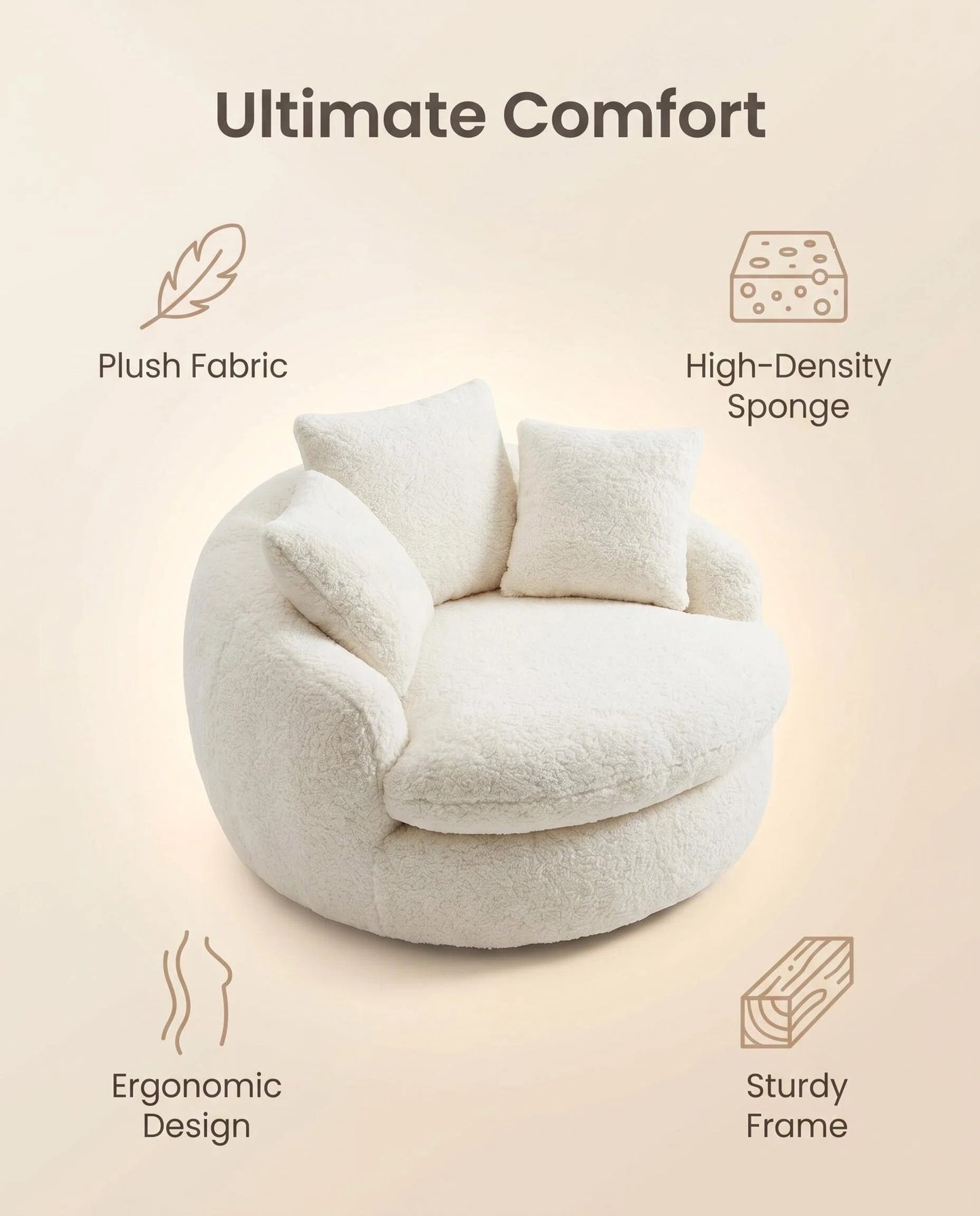 Oversized Boucle Swivel Accent Chair, Cozy Round Cuddle Chair with Plush Cushion for Living Room & Bedroom